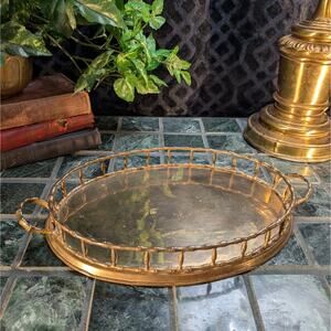 12" Vintage Solid Brass Bamboo Style Oval Tray w/ Handles & Gallery Rail - Gatco